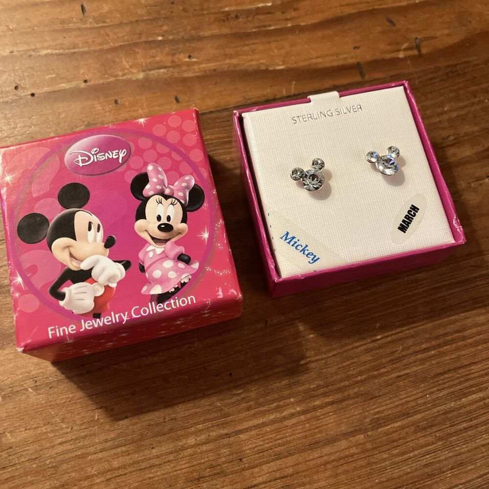 Disney Sterling Silver Mickey Mouse Crystal March Birthstone Earrings